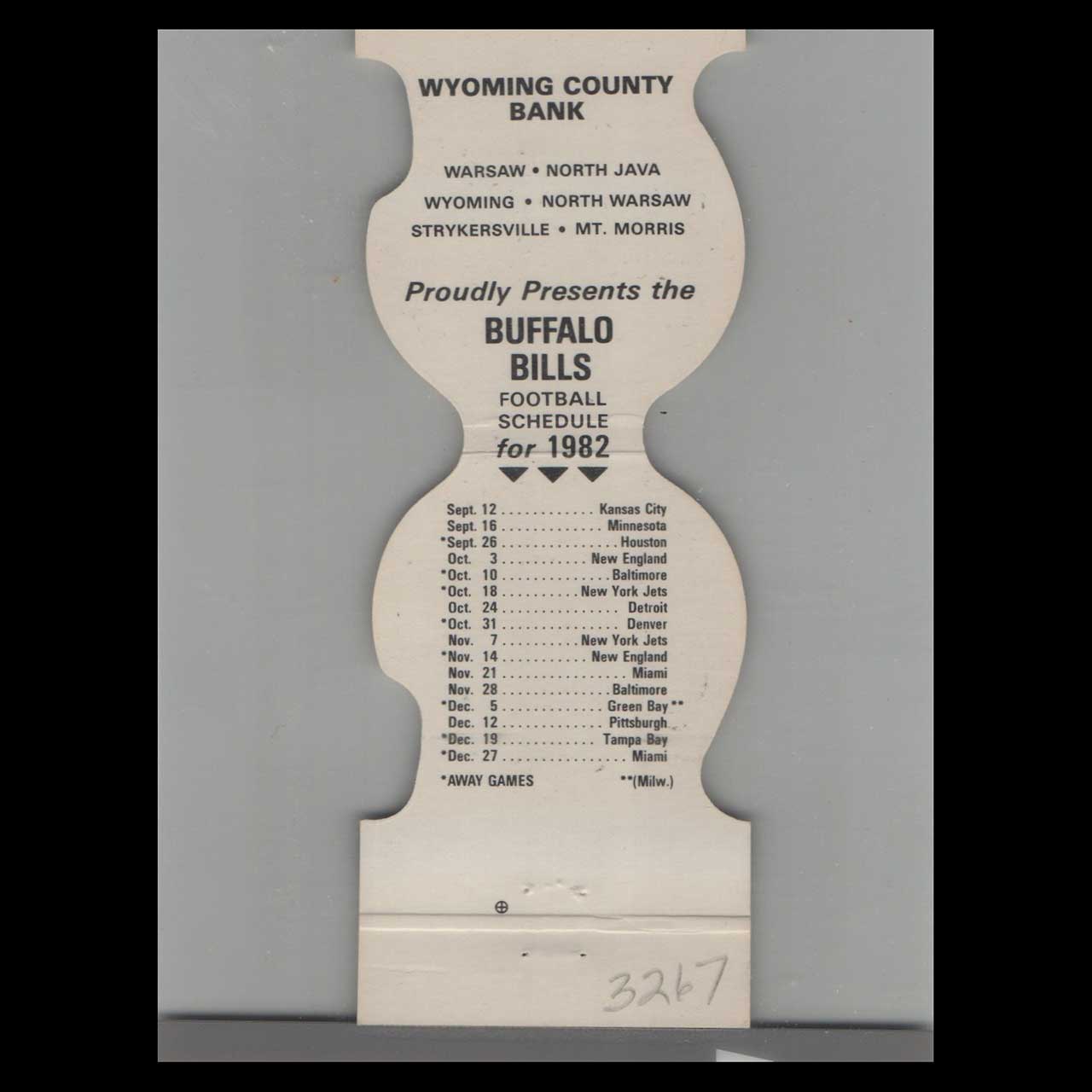 1982 Buffalo Bills Schedule Matchbook Cover Wyoming County Bank 1982 Buffalo Bills Schedule Matchbook Cover Wyoming County Bank
