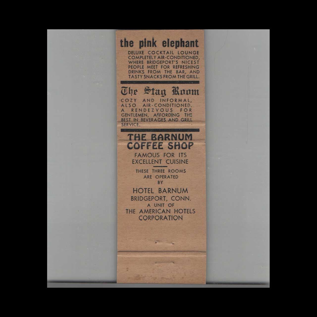 Matchbook Cover The Pink Elephant Hotel Barnum Bridgeport CT Matchbook Cover The Pink Elephant Hotel Barnum Bridgeport CT