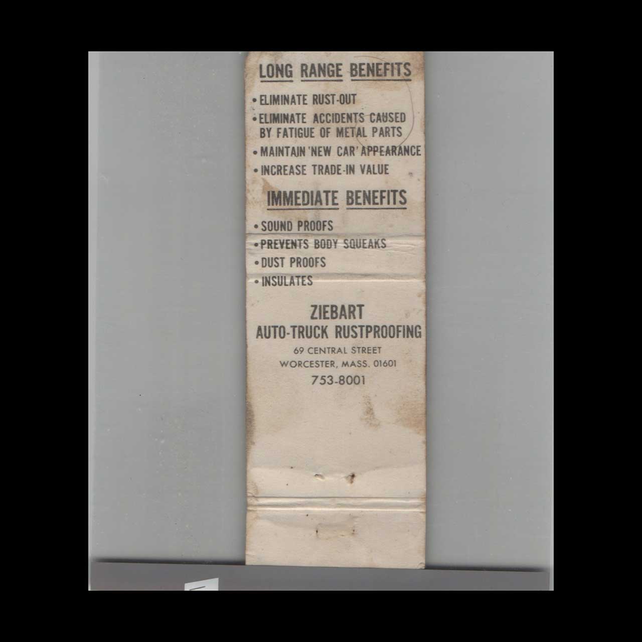 Matchbook Cover Ziebart Stops Rust Permanently Worcester MA Matchbook Cover Ziebart Stops Rust Permanently Worcester MA