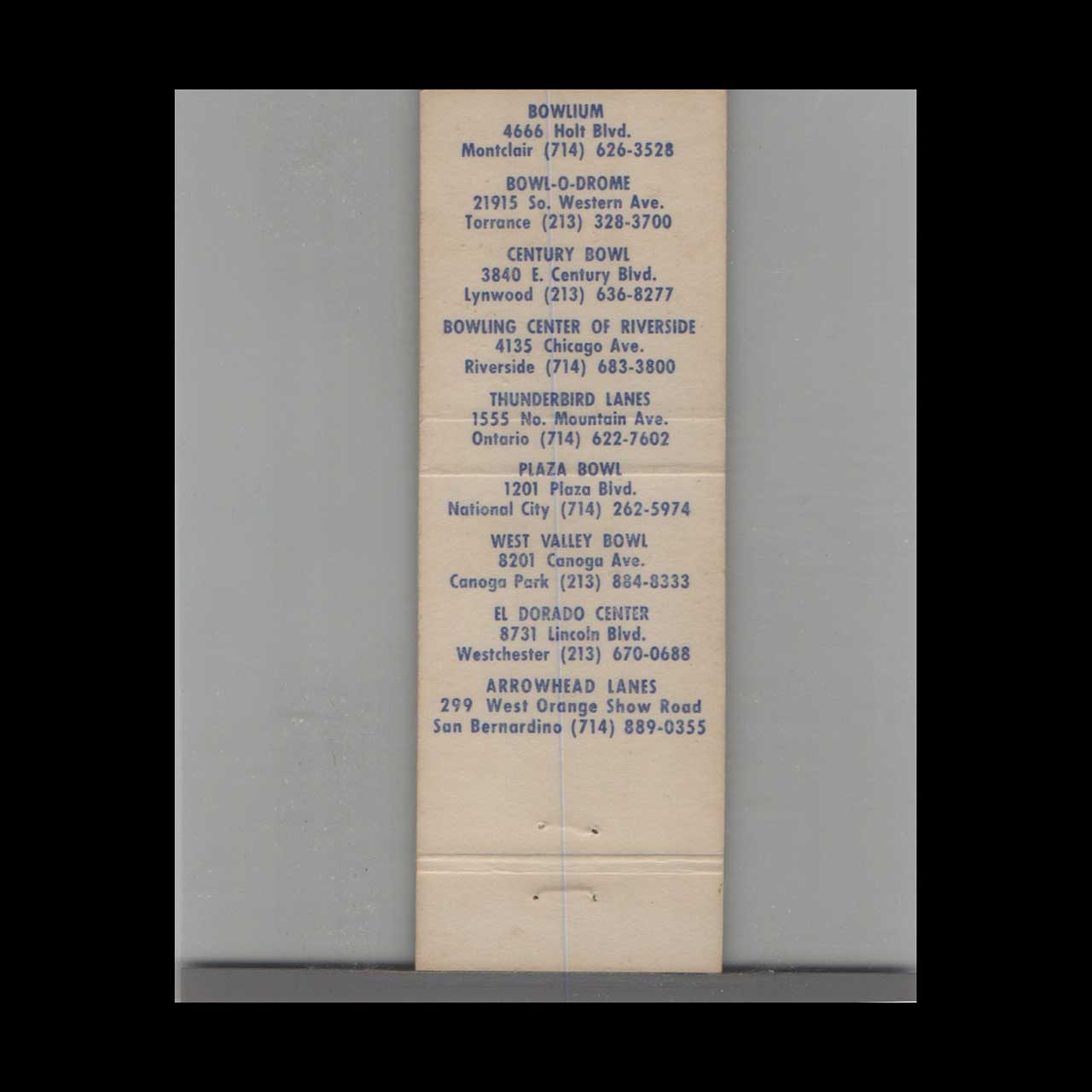 Pacific Recreation Bowl Matchbook Cover Riverside CA Pacific Recreation Bowl Matchbook Cover Riverside CA