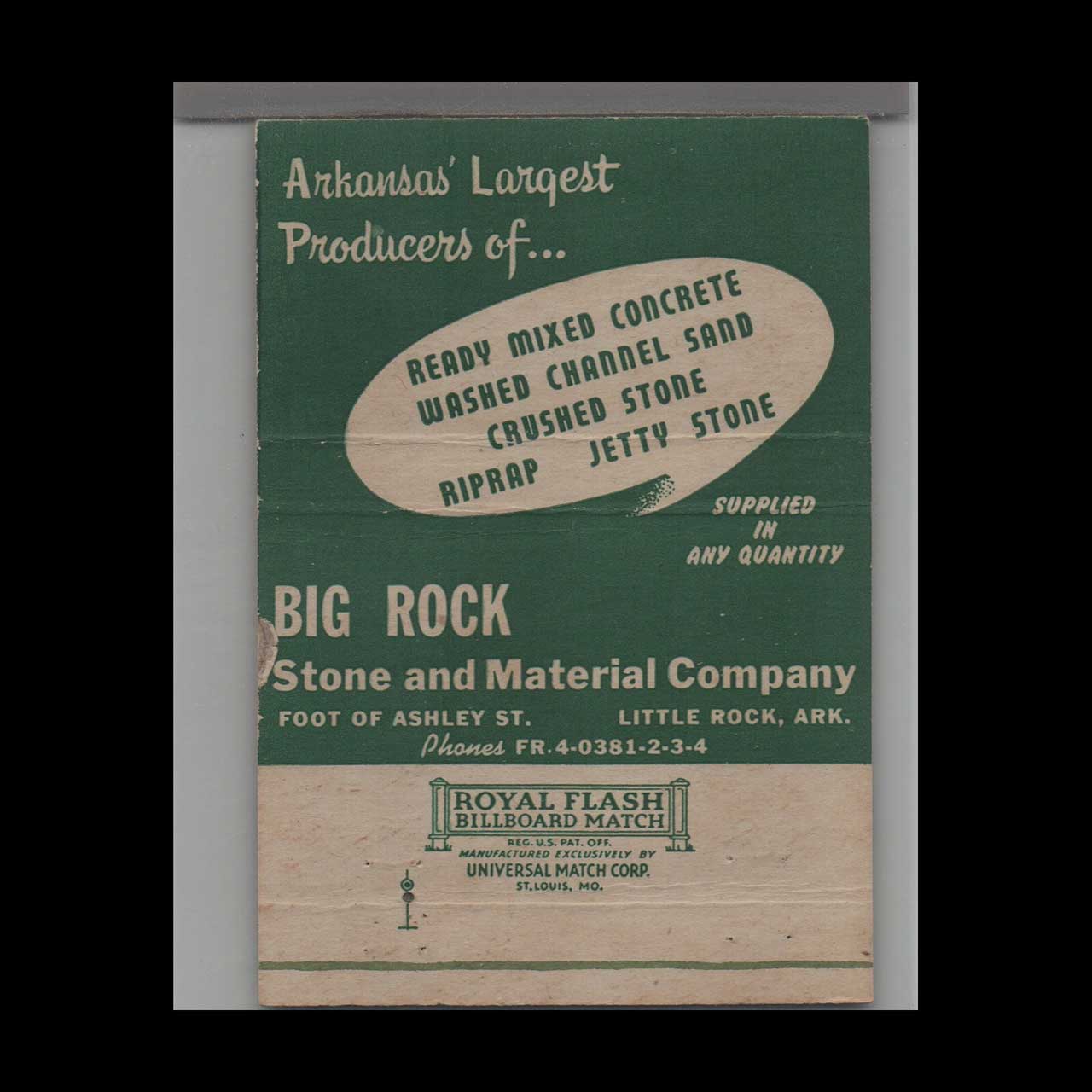 Matchbook Cover Big Rock Stone & Material Co Little Rock AR Matchbook Cover Big Rock Stone & Material Co Little Rock AR