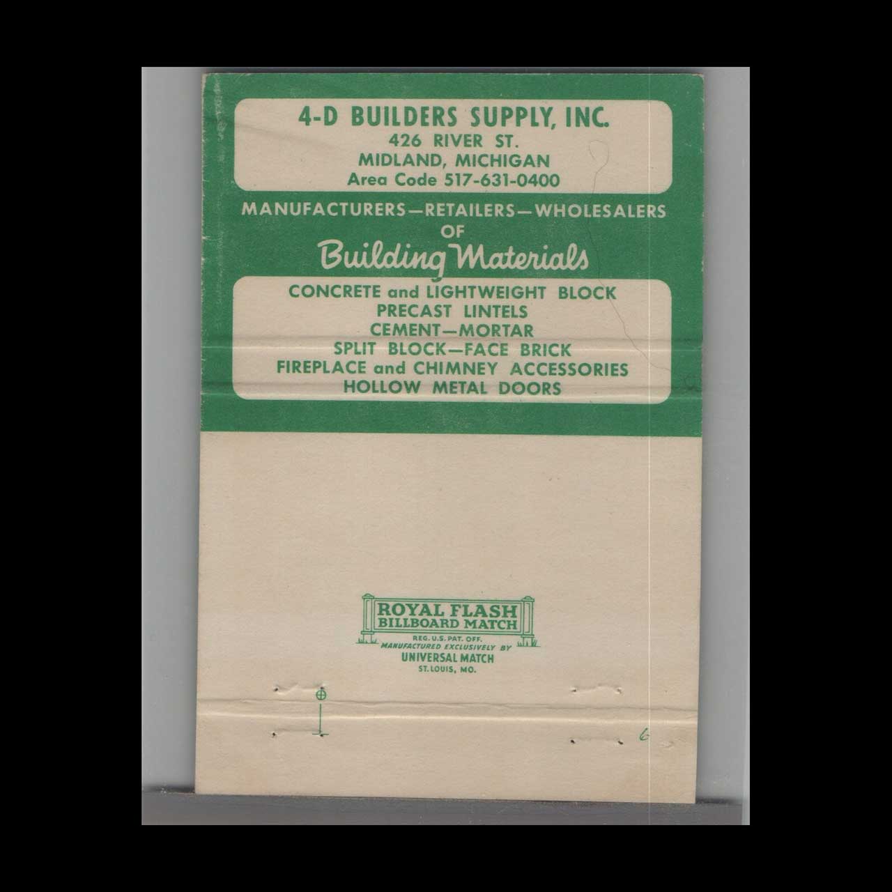 Matchbook Cover 4 D Builders Supply Col Midland MI Matchbook Cover 4 D Builders Supply Col Midland MI