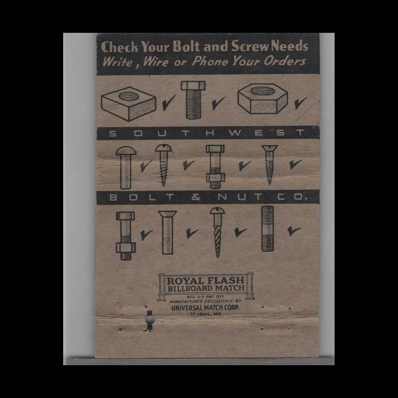 Matchbook Cover Southwest Bolt & Nut Company St Louis MO Matchbook Cover Southwest Bolt & Nut Company St Louis MO
