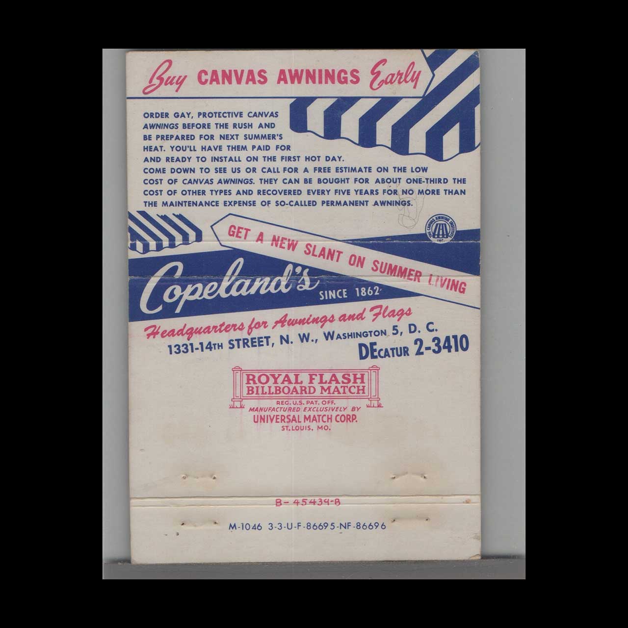 Matchbook Cover Copeland Canvas Awnings Washington DC Matchbook Cover Copeland Canvas Awnings Washington DC