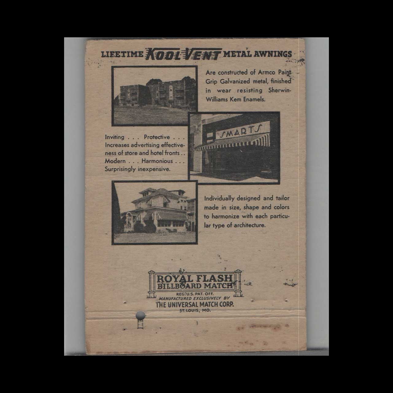 Matchbook Cover Kool Vent Metal Awnings Inc Atlanta GA Matchbook Cover Kool Vent Metal Awnings Inc Atlanta GA