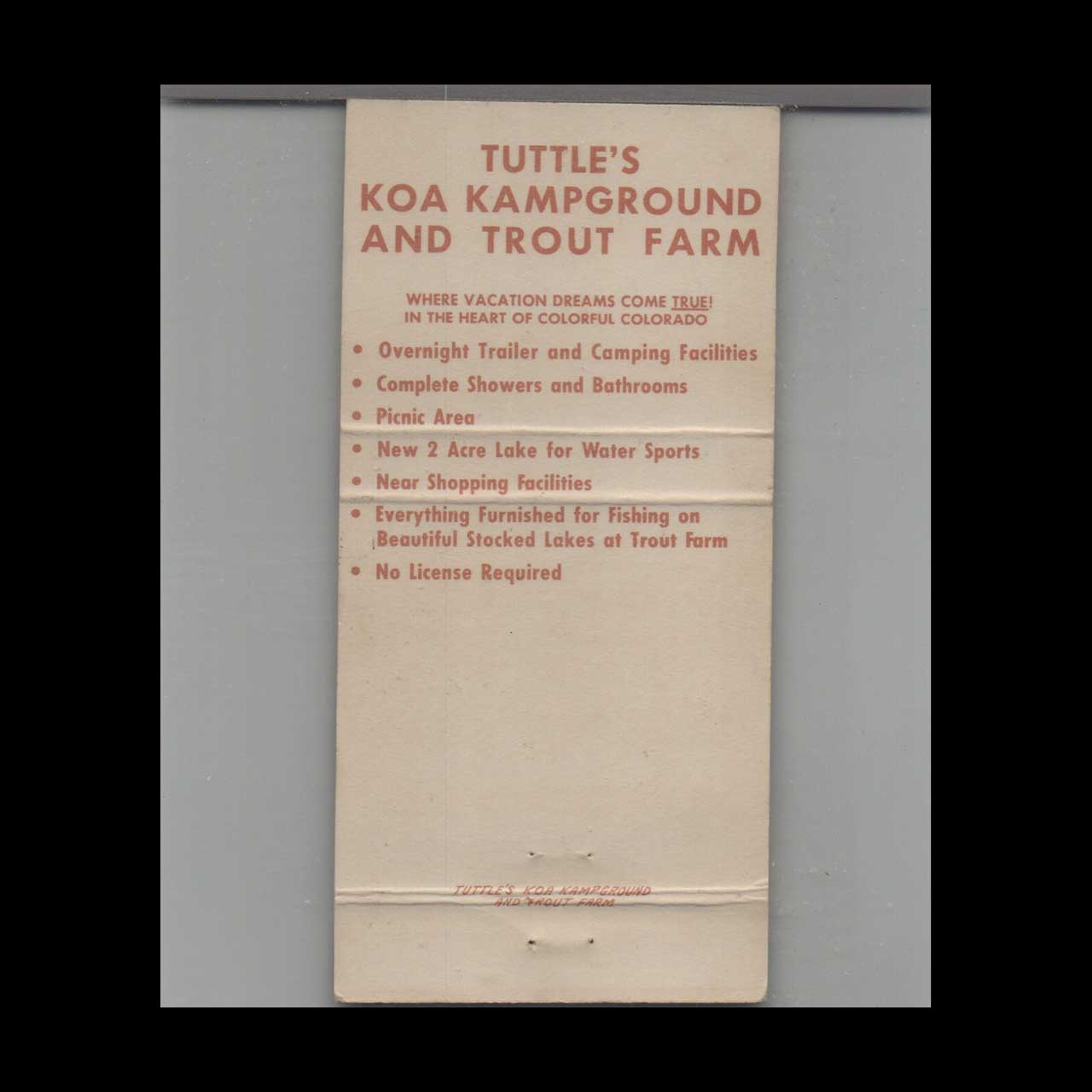 KOA Campground Tuttles Trout Farm Matchbook Cover Gunnison KOA Campground Tuttles Trout Farm Matchbook Cover Gunnison