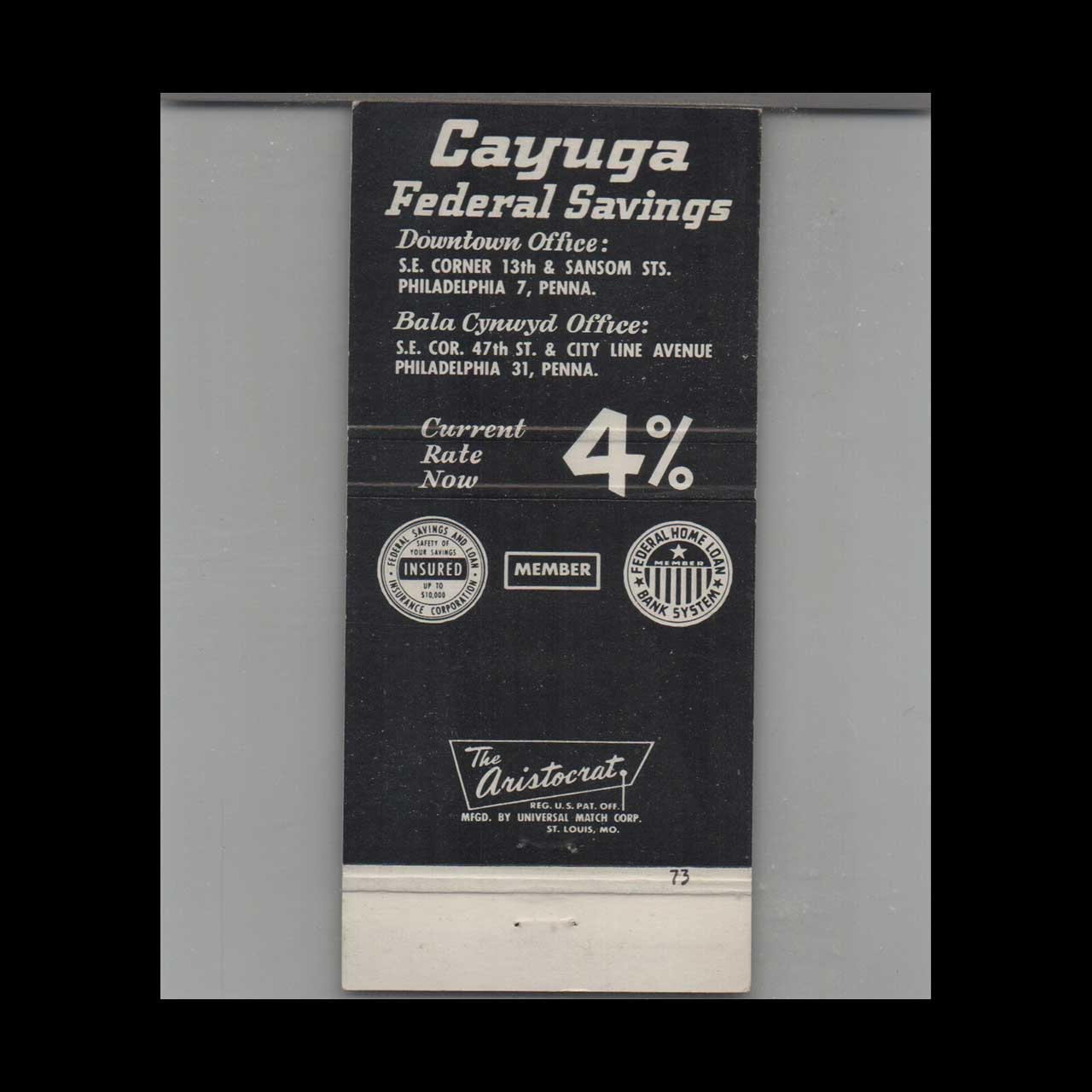 Cayuga Federal Savings Matchbook Cover Philadelphia PA Cayuga Federal Savings Matchbook Cover Philadelphia PA