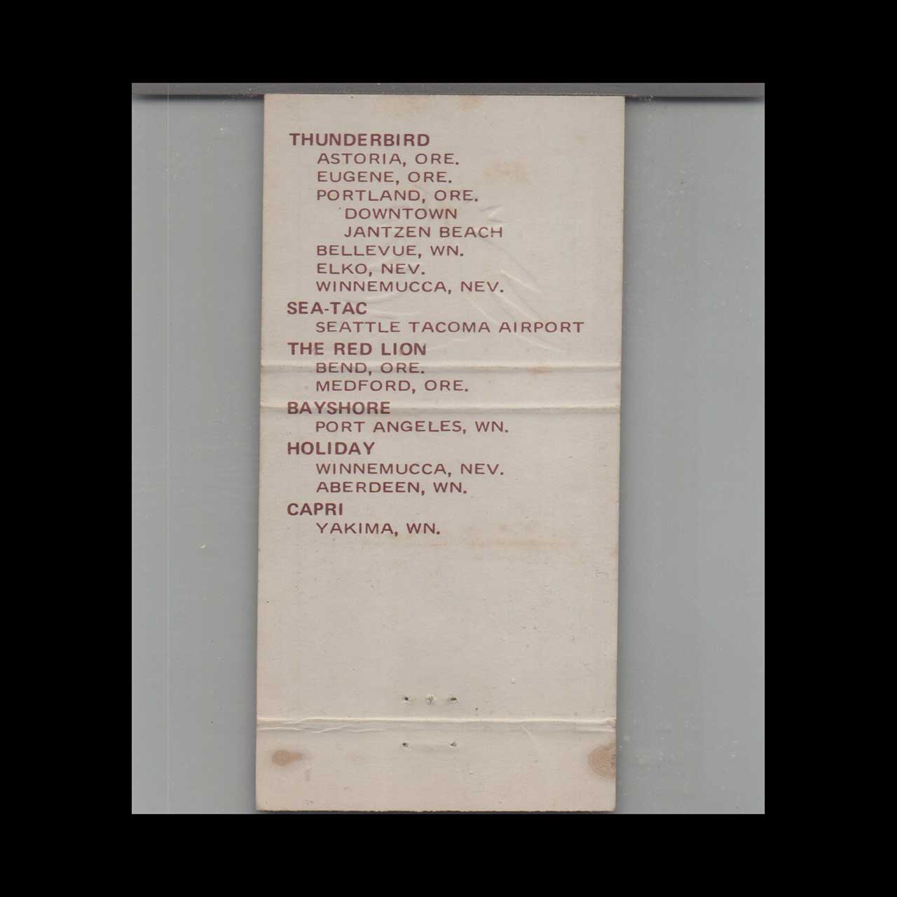 Thunderbird Motor Inn Astoria Matchbook Cover Thunderbird Motor Inn Astoria Matchbook Cover