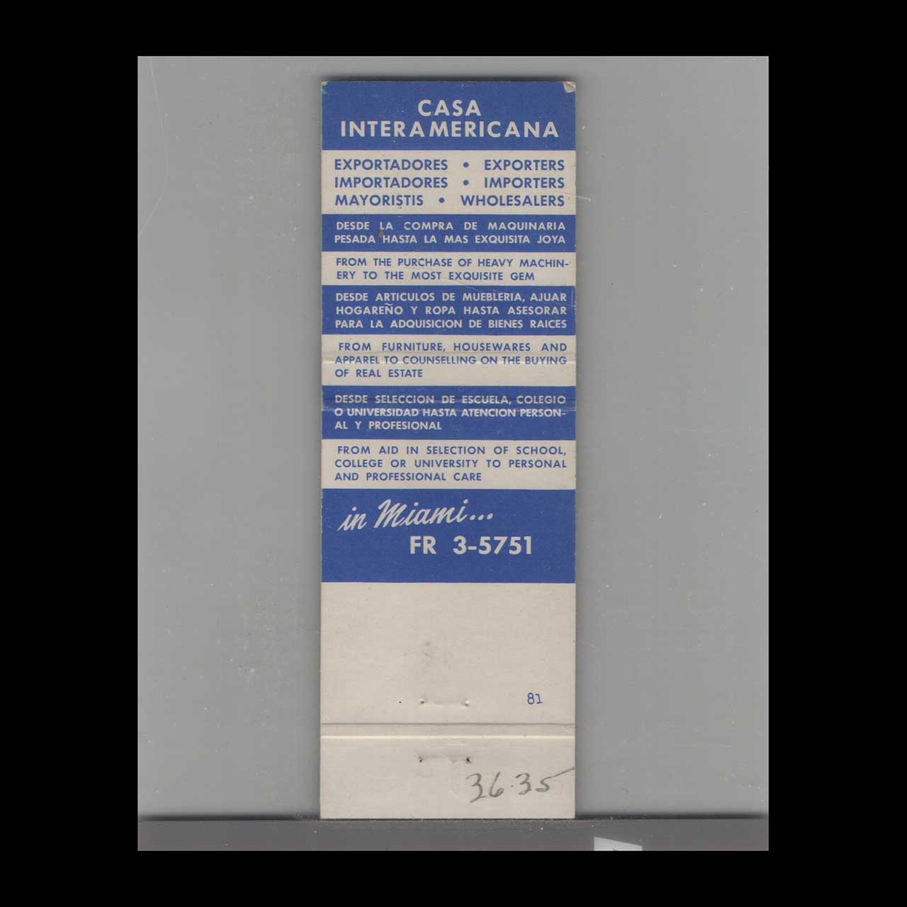 Matchbook Cover Miami FL Casa Interamericana Inc Matchbook Cover Miami FL Casa Interamericana Inc