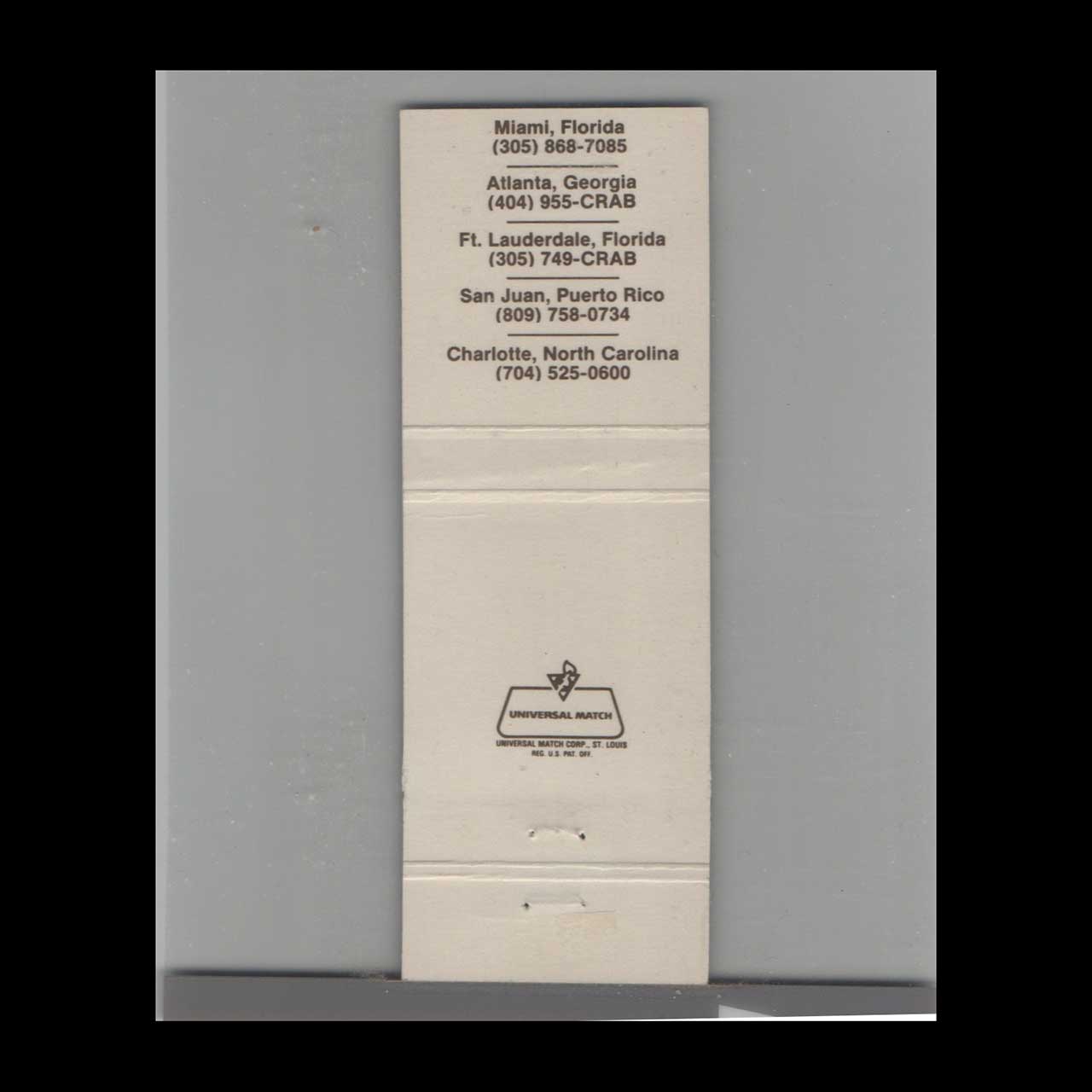 Matchbook Cover Miami FL The Crabhouse Seafood Restaurant Matchbook Cover Miami FL The Crabhouse Seafood Restaurant