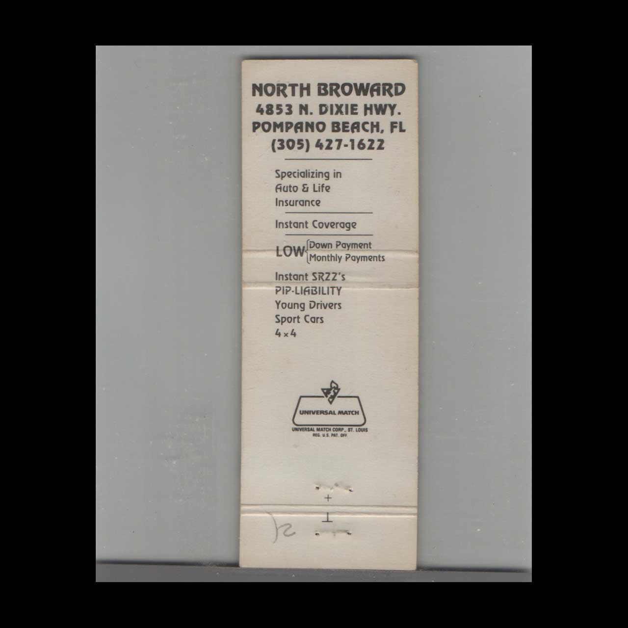 Matchbook Cover Miami FL Davie Insurance Agency Inc Matchbook Cover Miami FL Davie Insurance Agency Inc