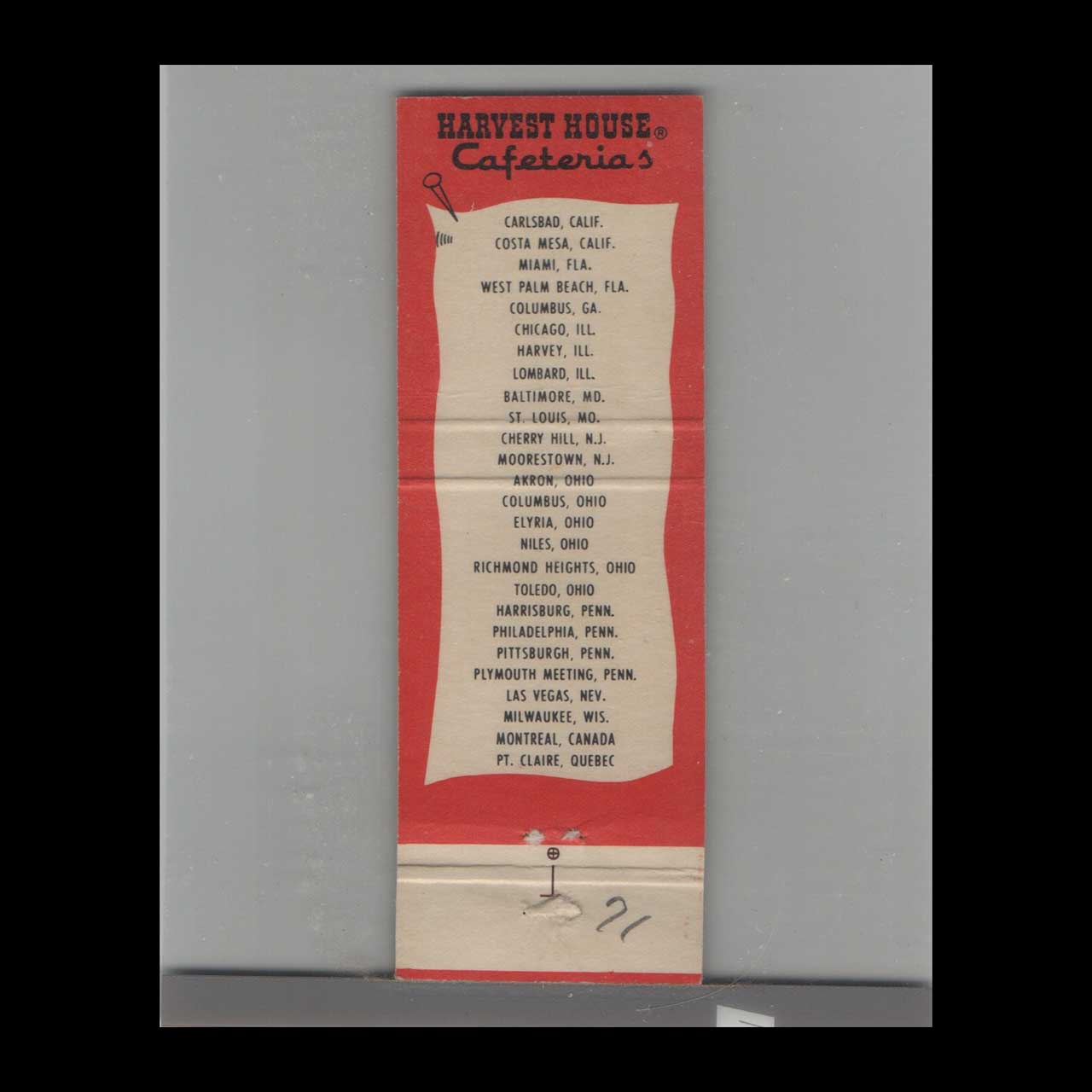 Matchbook Cover Miami FL Harvest House Cafeteria Matchbook Cover Miami FL Harvest House Cafeteria