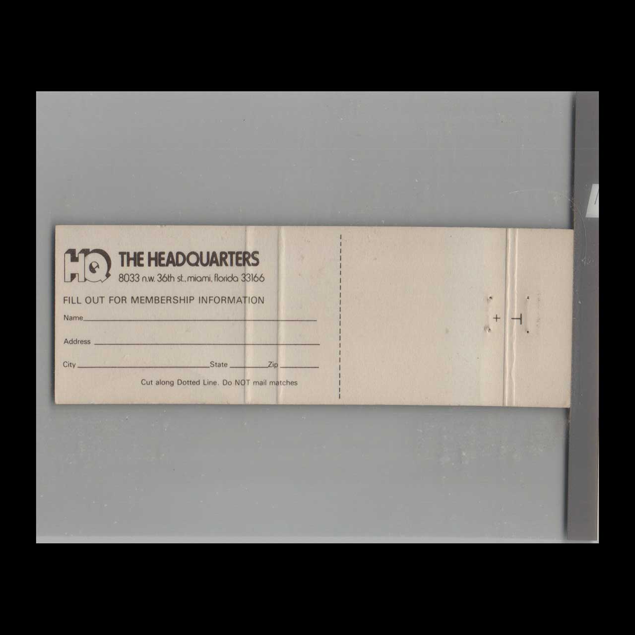 Matchbook Cover Miami FL HQ The Headquarters A Private Club Matchbook Cover Miami FL HQ The Headquarters A Private Club