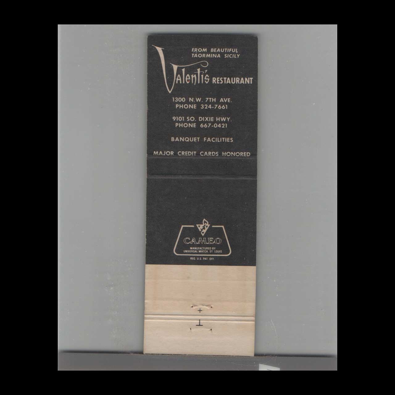 Matchbook Cover Miami FL Valentis Restaurant & Cocktail Lounge Since 1939 Matchbook Cover Miami FL Valentis Restaurant & Cocktail Lounge Since 1939