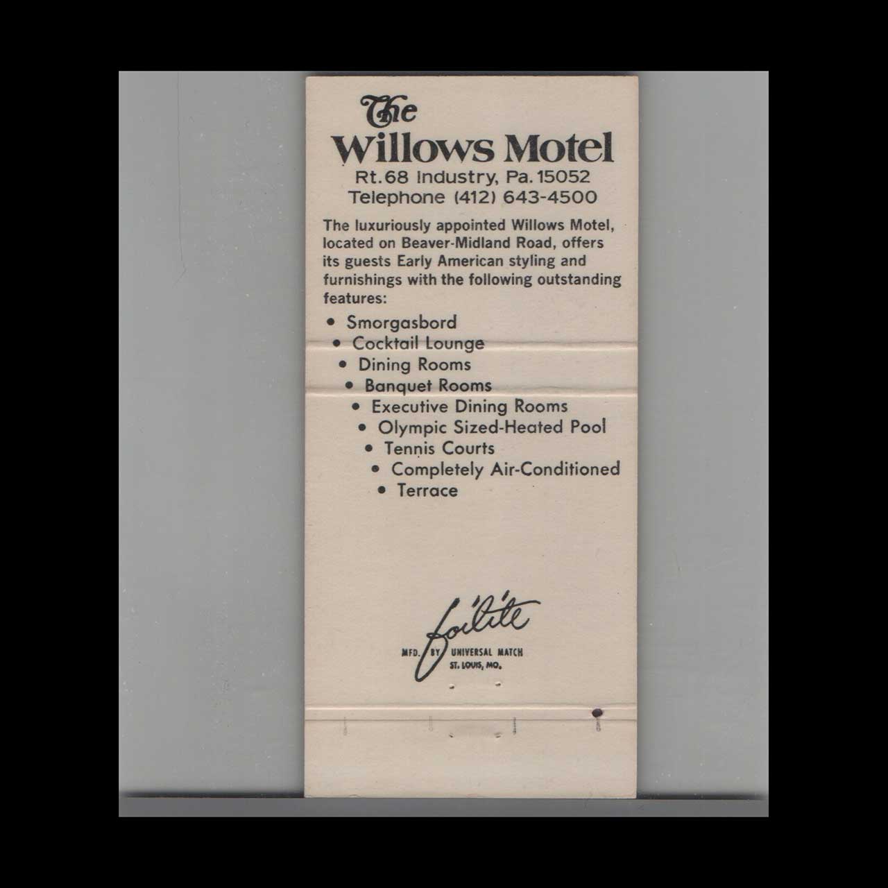 The Willows Restaurant Matchbook Cover Industry PA The Willows Restaurant Matchbook Cover Industry PA
