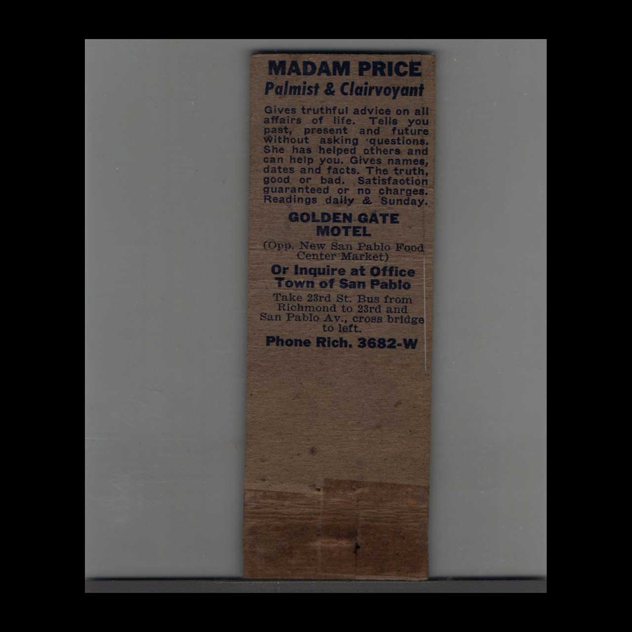 Matchbook Cover Madam Price Golden Gate Motel San Pablo CA Matchbook Cover Madam Price Golden Gate Motel San Pablo CA