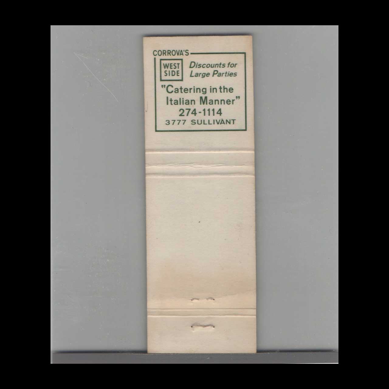 Corrovas Restaurant Matchbook Cover American & Italian Pizza Corrovas Restaurant Matchbook Cover American & Italian Pizza