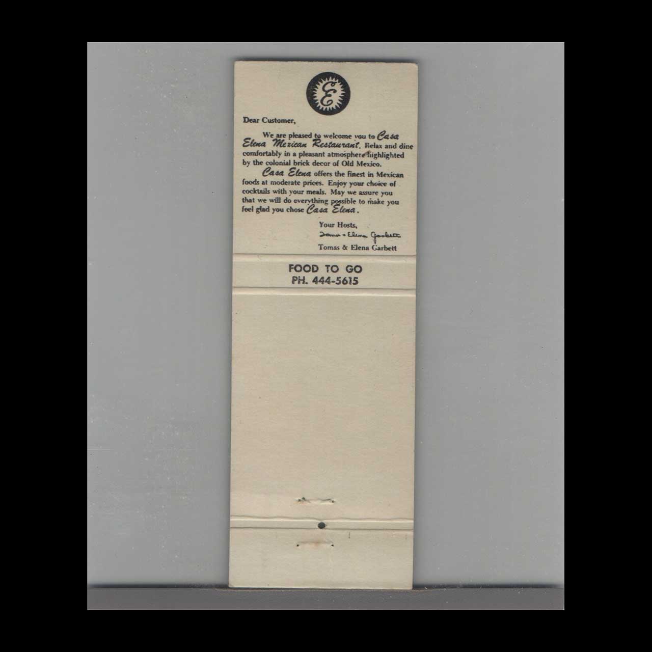 Casa Elena Houston TX Matchbook Cover Casa Elena Houston TX Matchbook Cover