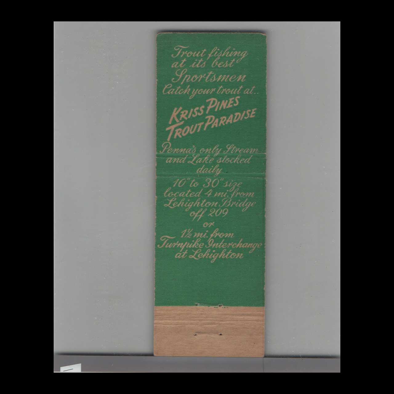 Kriss Pines Trout Hatchery Matchbook Cover Lehighton PA Kriss Pines Trout Hatchery Matchbook Cover Lehighton PA
