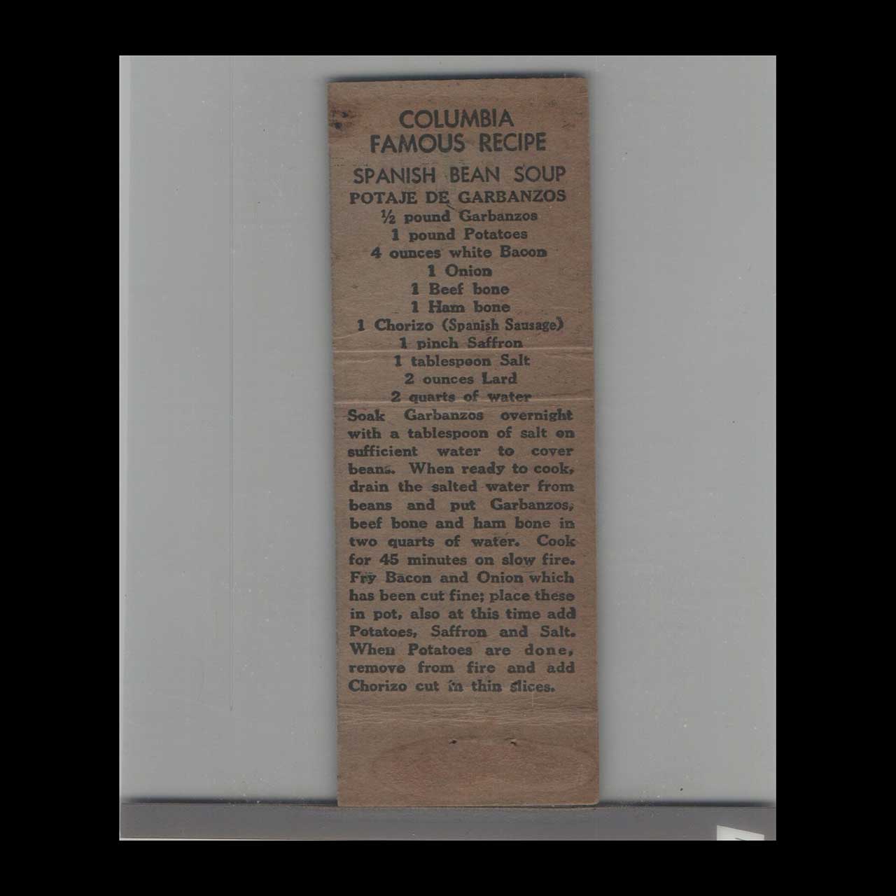 Matchbook Cover Columbia Gen of Spanish Restaurants Tampa FL Matchbook Cover Columbia Gen of Spanish Restaurants Tampa FL