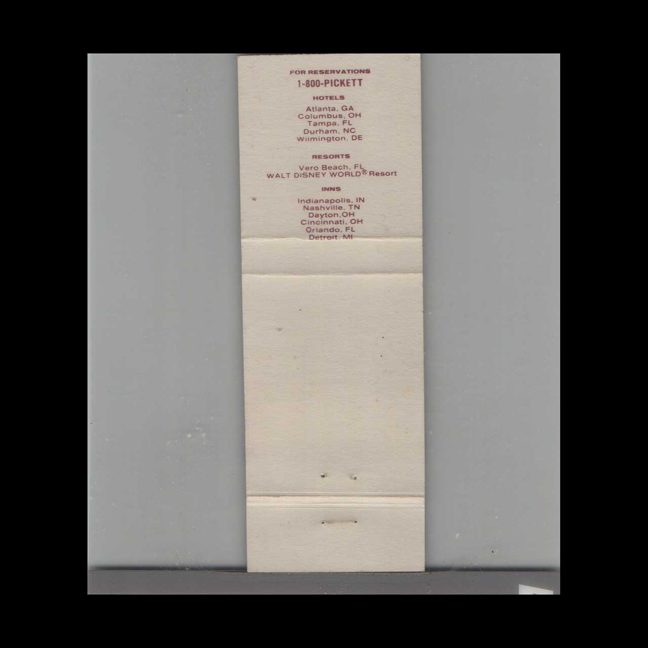 Matchbook Cover Pickett Hotels Tampa FL Matchbook Cover Pickett Hotels Tampa FL