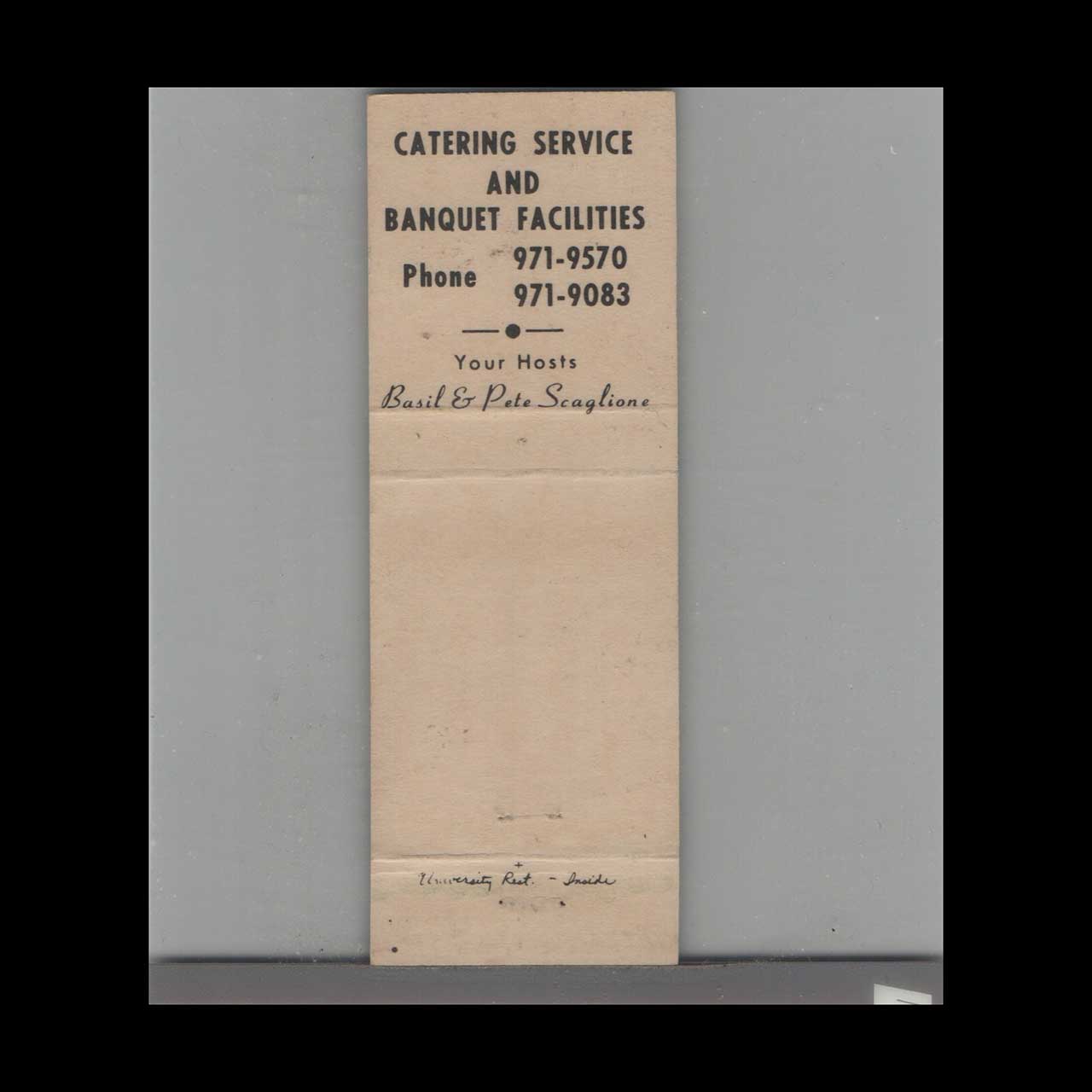 Matchbook Cover the University Restaurant Tampa FL Matchbook Cover the University Restaurant Tampa FL