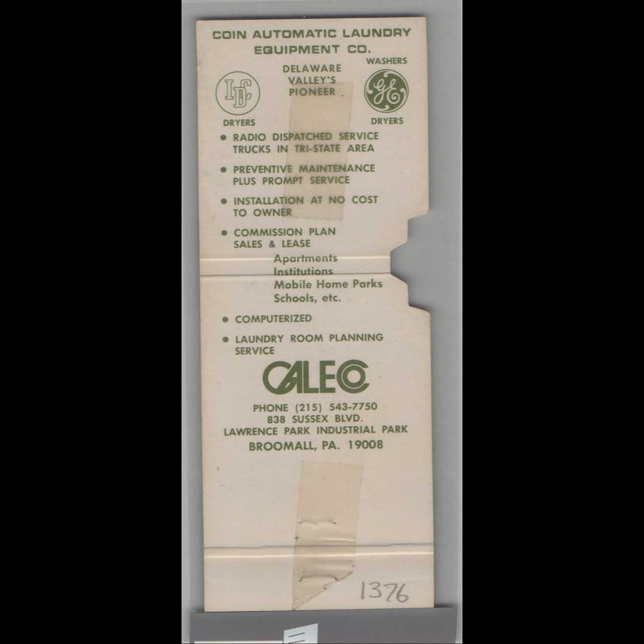 Caleco Coin Laundry Matchbook Cover Broomall PA Caleco Coin Laundry Matchbook Cover Broomall PA