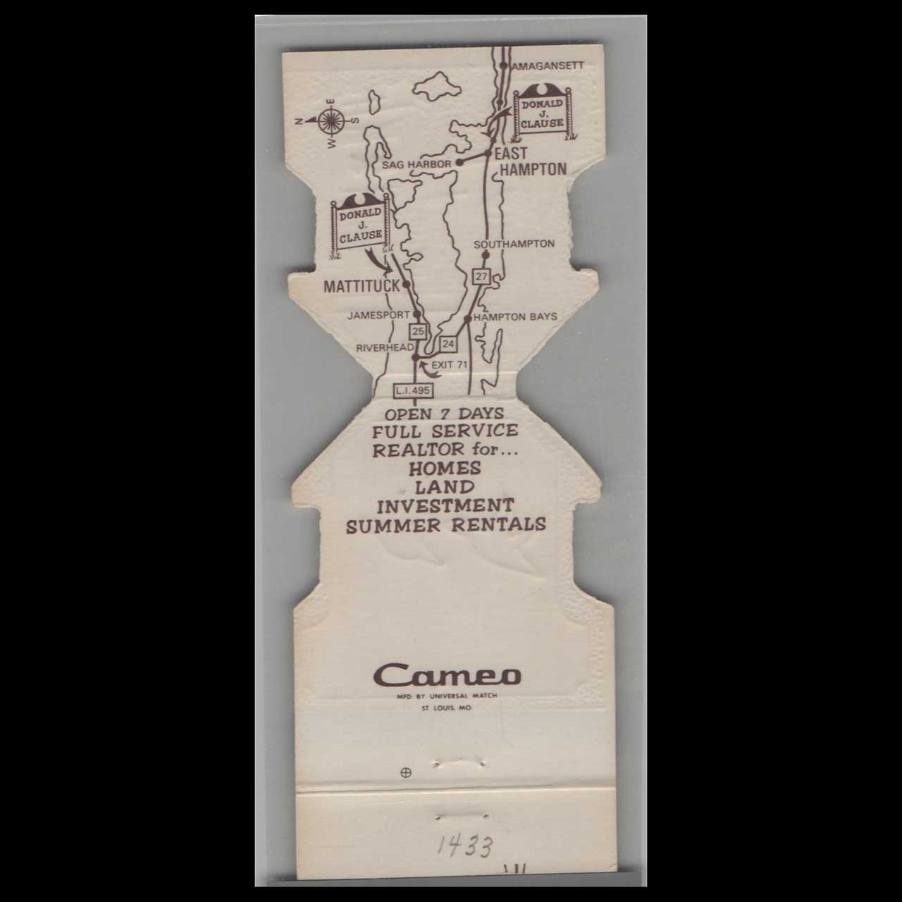 Donald J Clause Realtor Matchbook Cover East Hampton NY Donald J Clause Realtor Matchbook Cover East Hampton NY