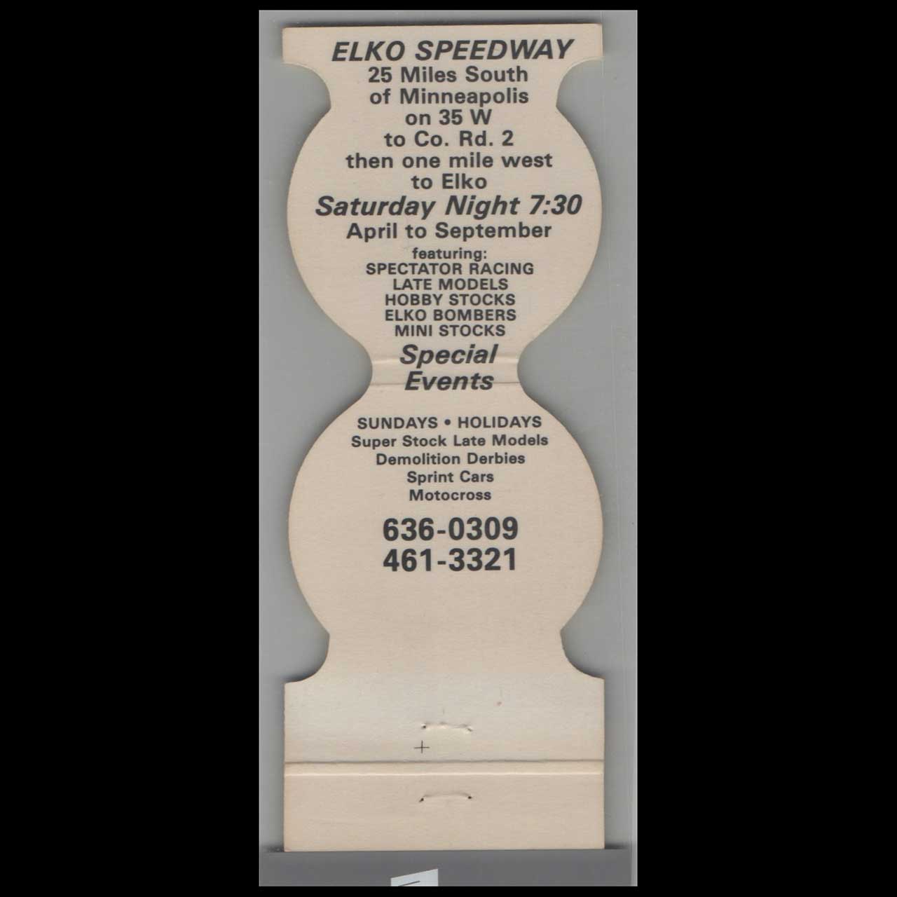 Elko Speedway MN Stock Car Racing Matchbook Cover Elko Speedway MN Stock Car Racing Matchbook Cover