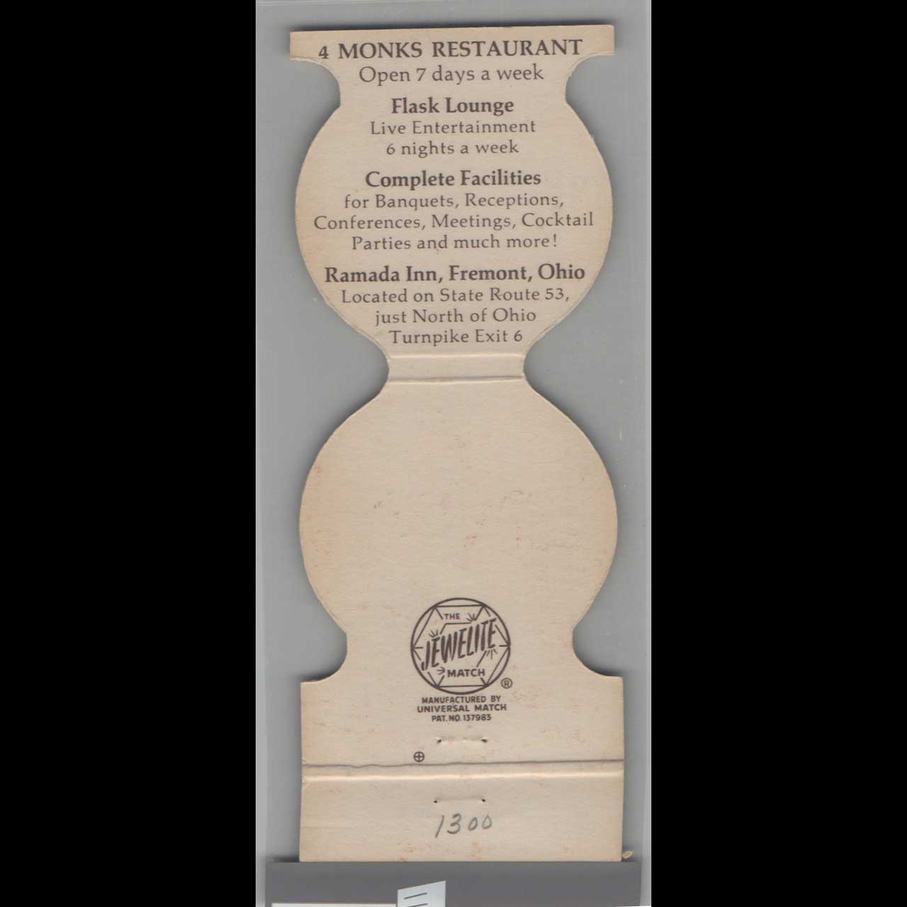 The Four Monks Ramada Inn Fremont OH Matchbook Cover The Four Monks Ramada Inn Fremont OH Matchbook Cover