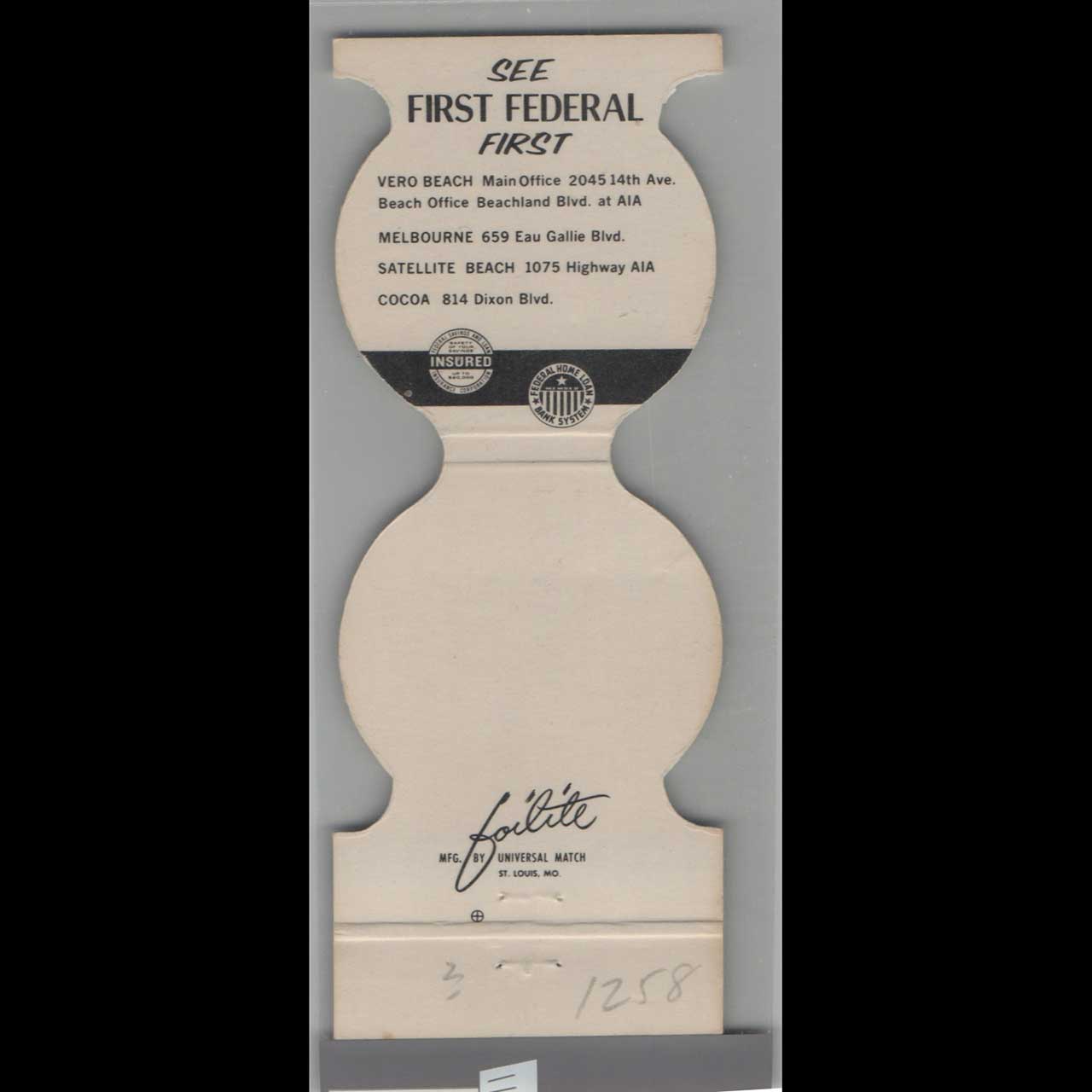 First Federal Savings & Loan Indian River Die Cut Matchbook Cover First Federal Savings & Loan Indian River Die Cut Matchbook Cover