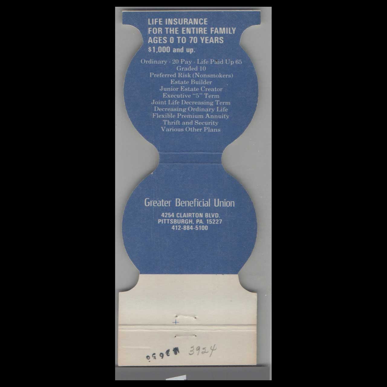 GBU Fraternal Benefit Society Matchbook Cover GBU Fraternal Benefit Society Matchbook Cover