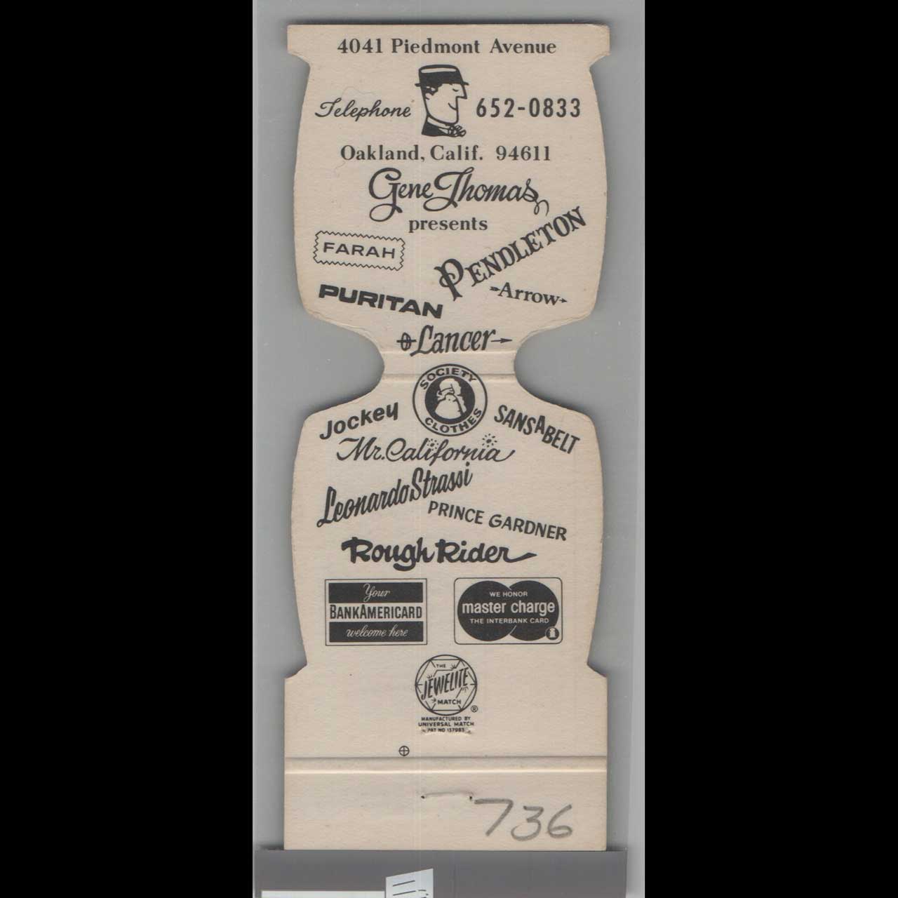 Gene Thomas Fine Mens Wear Matchbook Cover Oakland CA Gene Thomas Fine Mens Wear Matchbook Cover Oakland CA