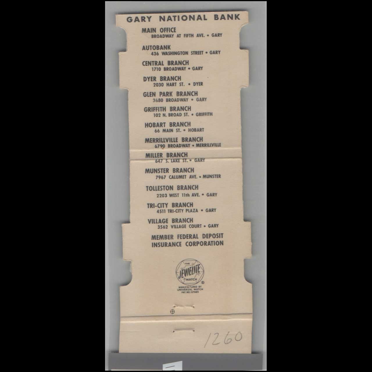 Gary National Bank Matchbook Cover Die Cut Gary IN Gary National Bank Matchbook Cover Die Cut Gary IN