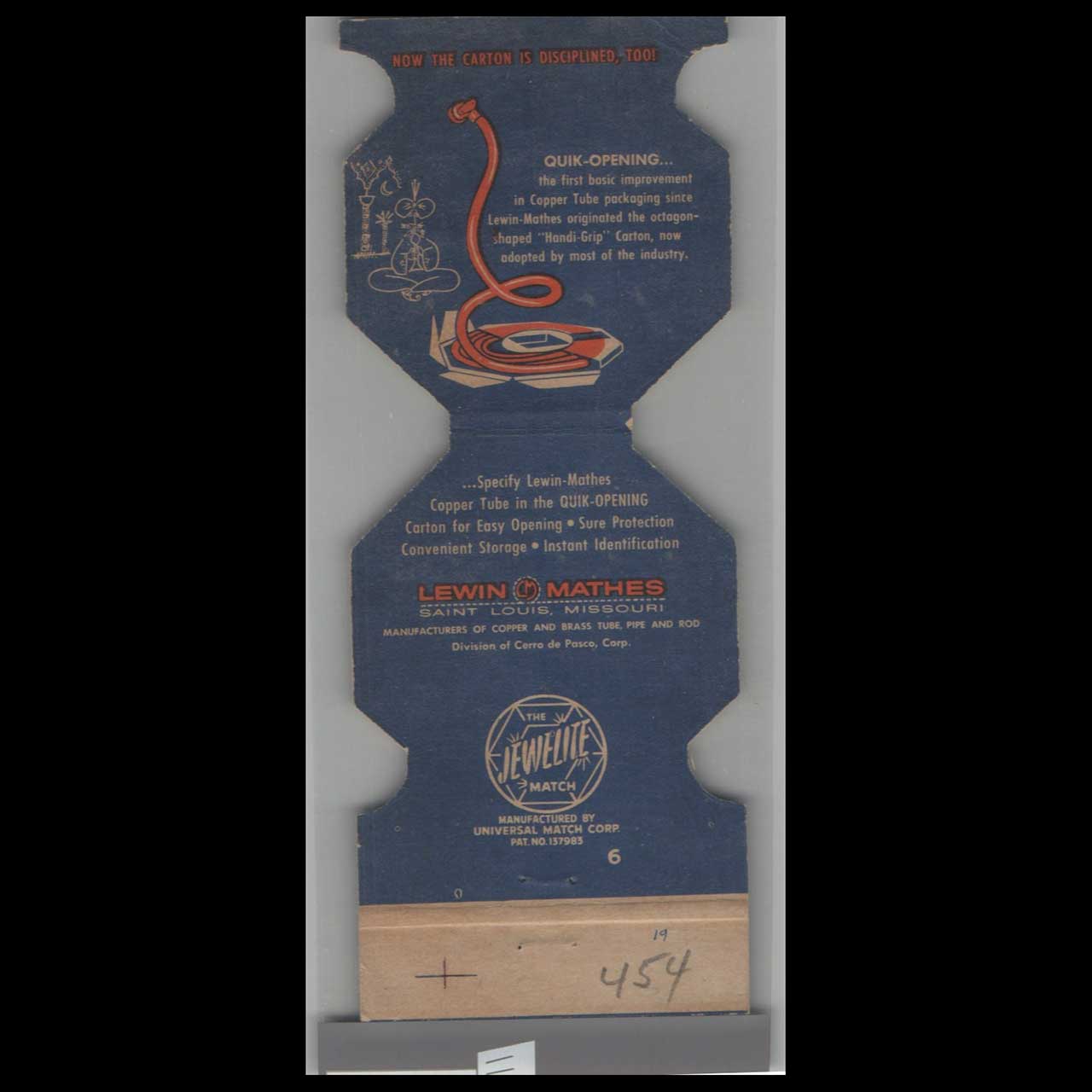 Lewin Mathes Copper Water Tube Matchbook Cover St Louis Lewin Mathes Copper Water Tube Matchbook Cover St Louis