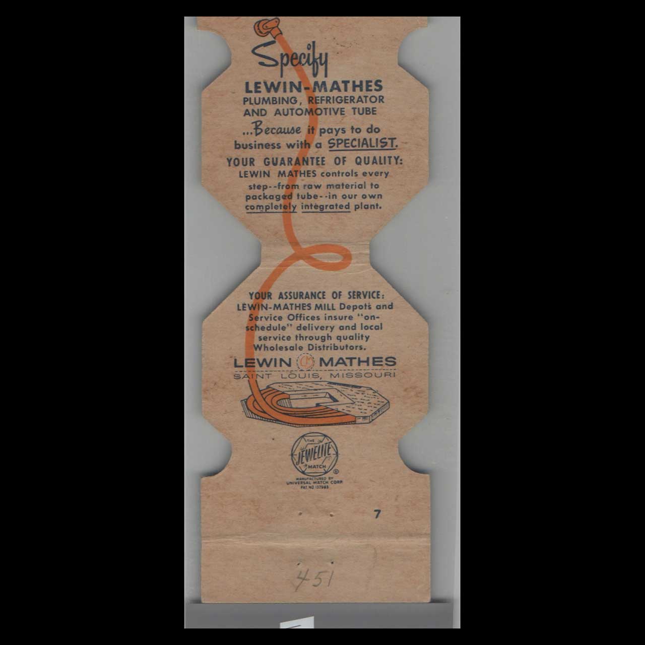 Lewin Copper & Brass Pipe Matchbook Cover St Louis Lewin Copper & Brass Pipe Matchbook Cover St Louis