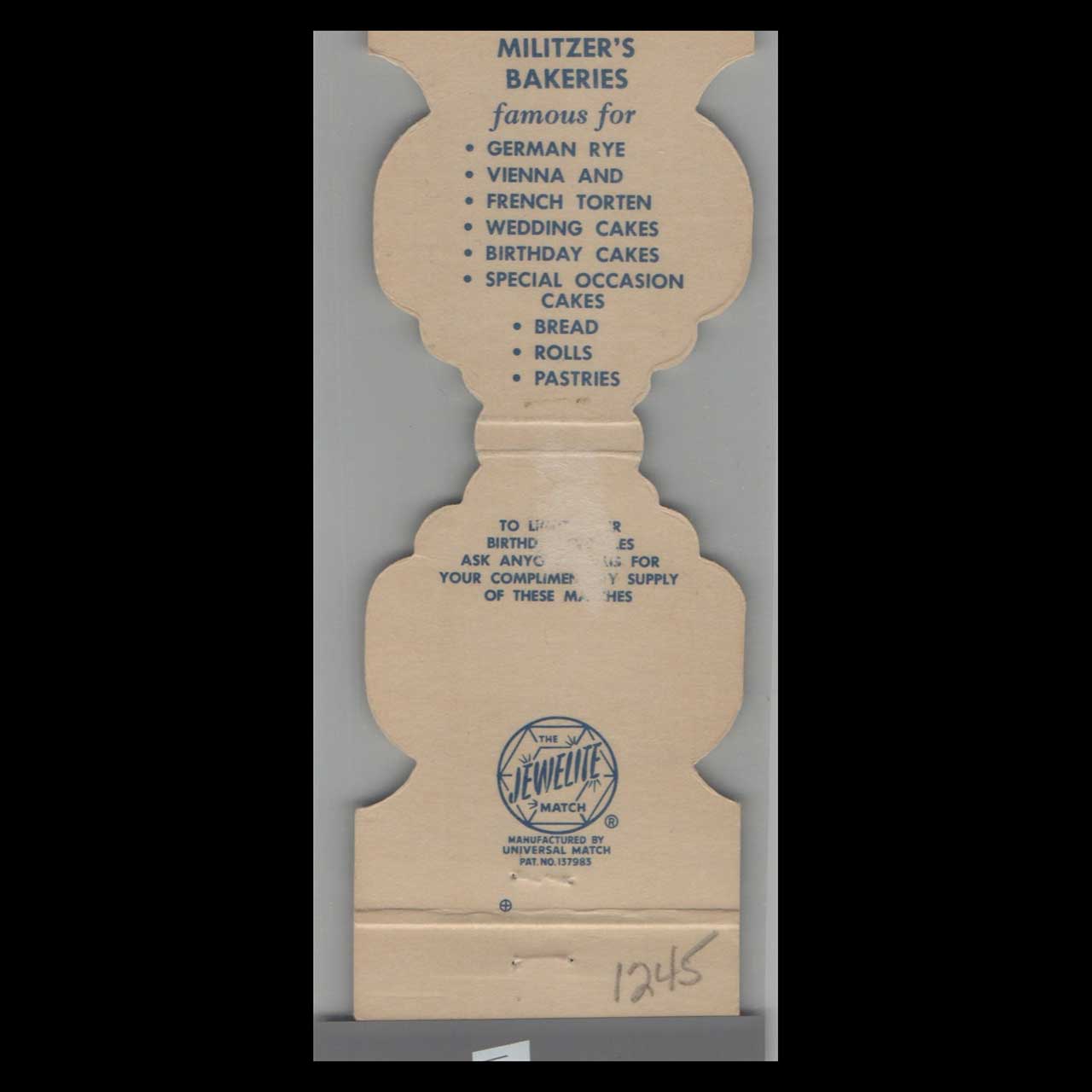 Militzers Bakeries Milwaukee Matchbook Cover Militzers Bakeries Milwaukee Matchbook Cover