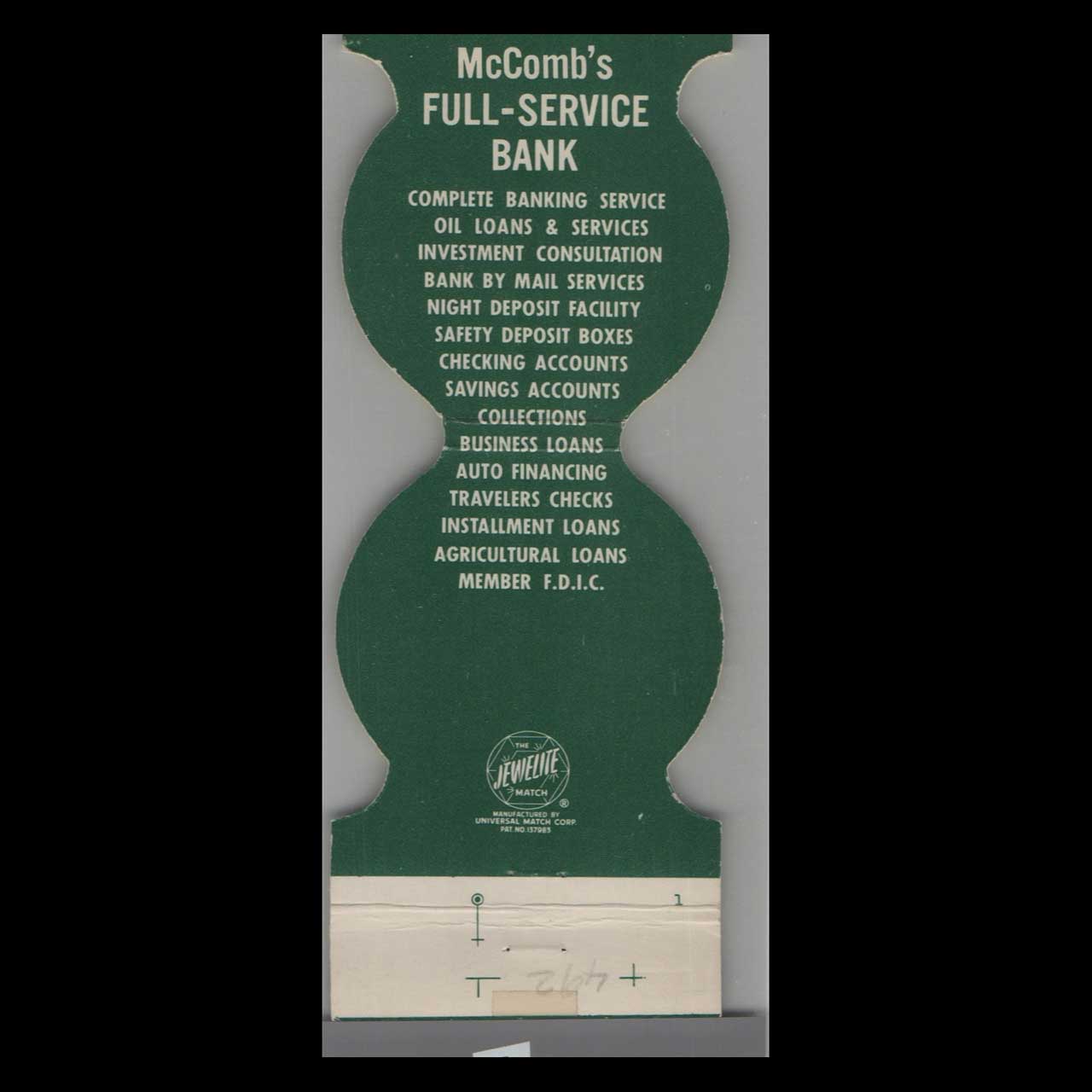 Mechanics State Bank McComb MI Die Cut Matchbook Cover Mechanics State Bank McComb MI Die Cut Matchbook Cover