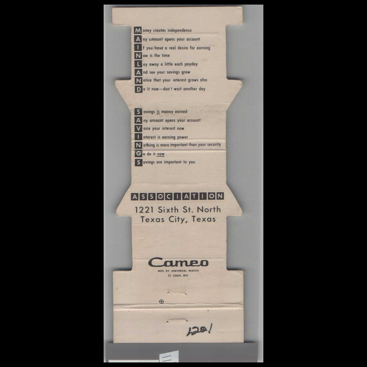 Mainland Savings Association Texas City Matchbook Cover Mainland Savings Association Texas City Matchbook Cover