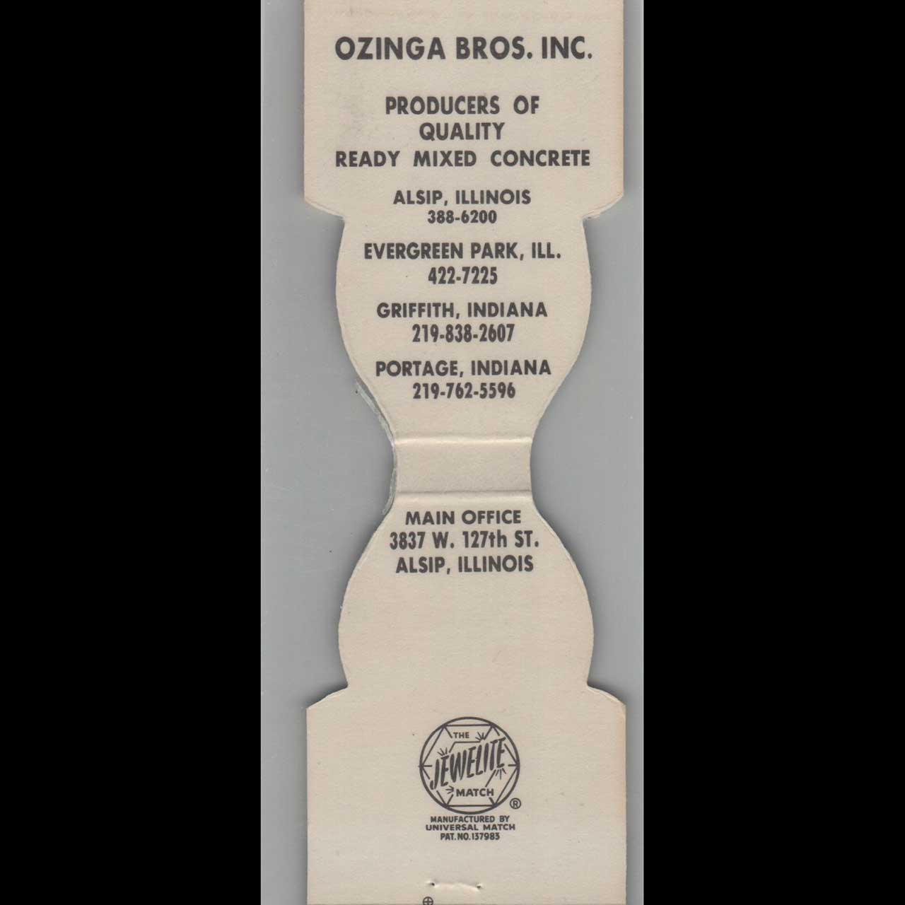 Ozinga Bros Cement Truck Matchbook Cover Alsip IL Ozinga Bros Cement Truck Matchbook Cover Alsip IL