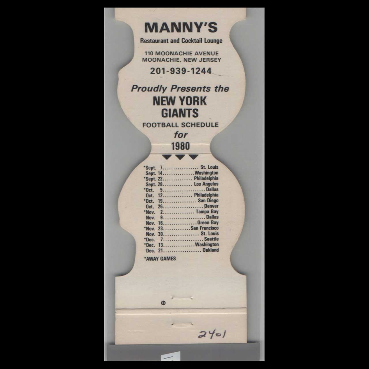 1980 New York Giants Football Schedule Matchbook Cover 1980 New York Giants Football Schedule Matchbook Cover
