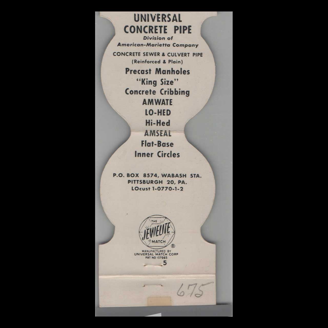 Universal Concrete Pipe Matchbook Cover Pittsburgh PA Universal Concrete Pipe Matchbook Cover Pittsburgh PA