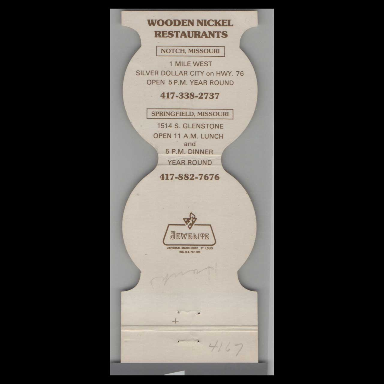 Die Cut Wooden Nickel Matchbook Cover Notch MO Die Cut Wooden Nickel Matchbook Cover Notch MO