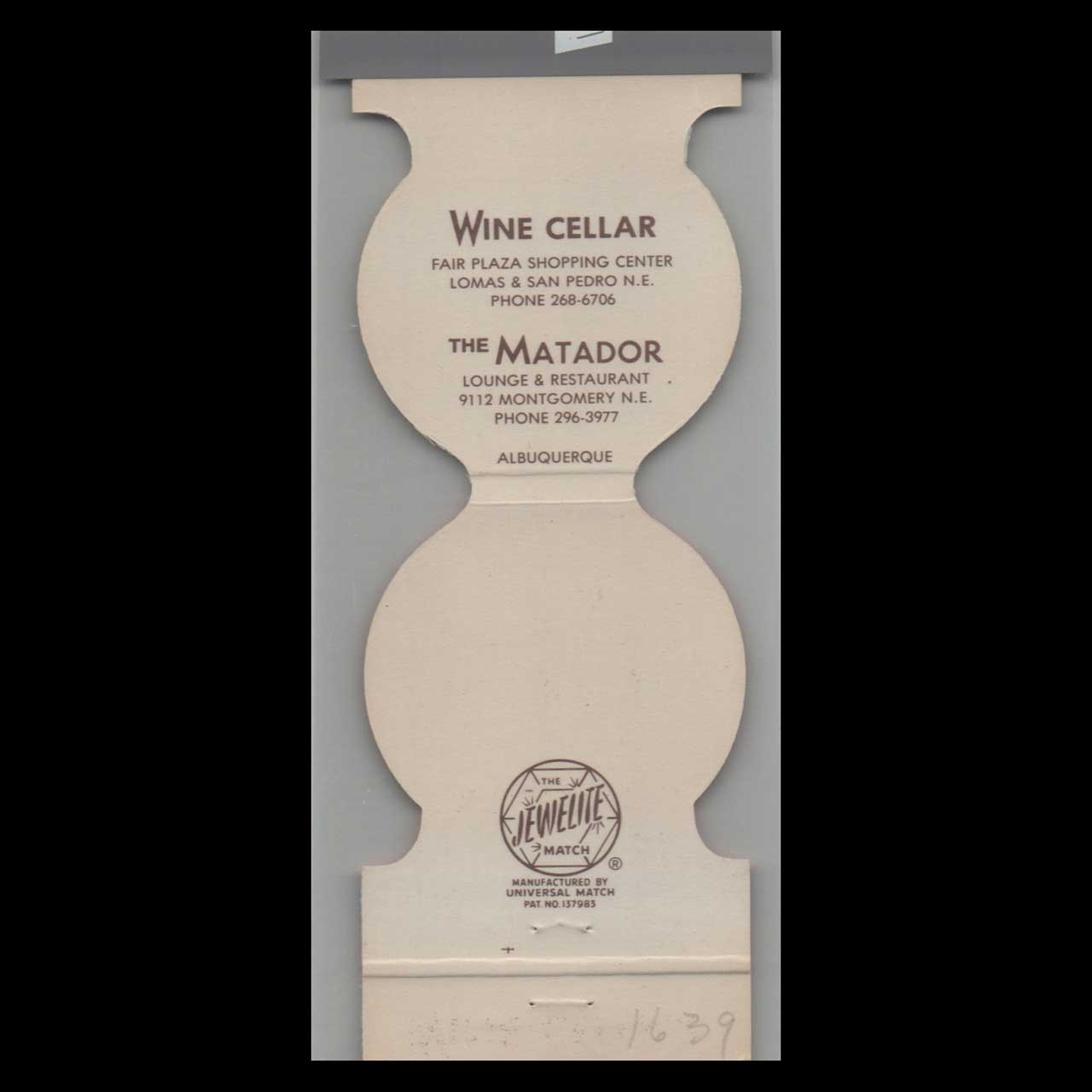 The Matador Wine Cellar Matchbook Cover Albuquerque MN The Matador Wine Cellar Matchbook Cover Albuquerque MN