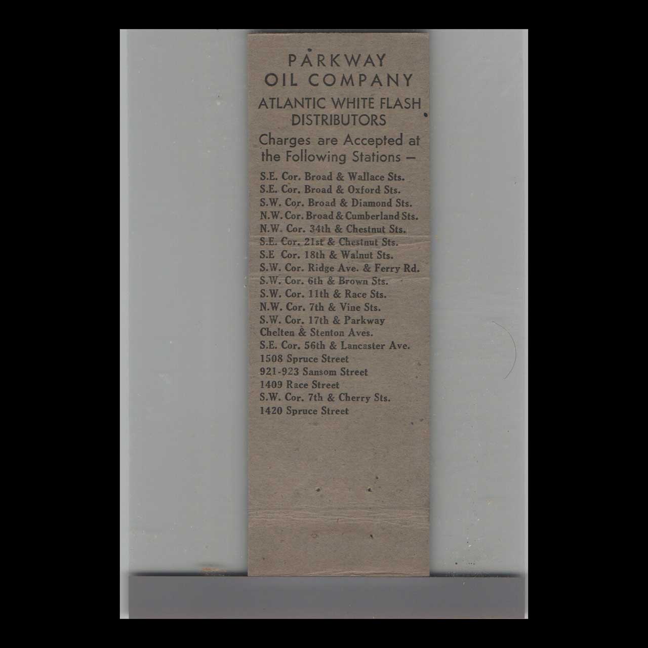 Parkway Oil Co Matchbook Cover 23rd Walnut St Philadelphia Parkway Oil Co Matchbook Cover 23rd Walnut St Philadelphia