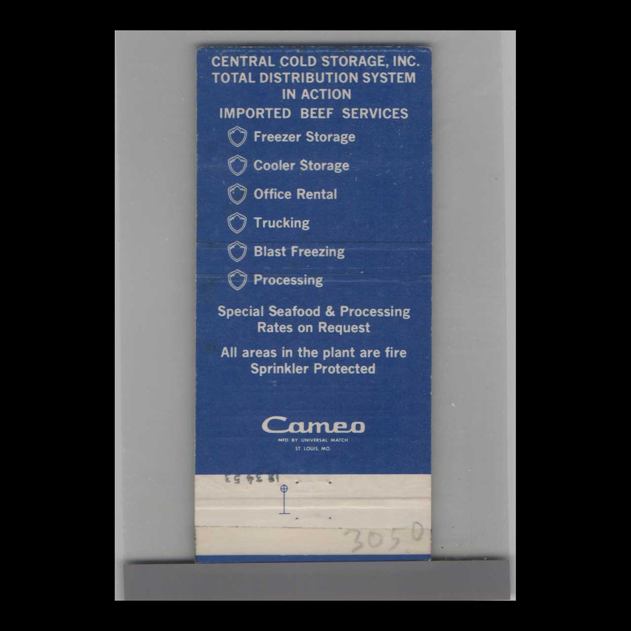 Central Cold Storage Inc Miami Matchbook Cover Central Cold Storage Inc Miami Matchbook Cover