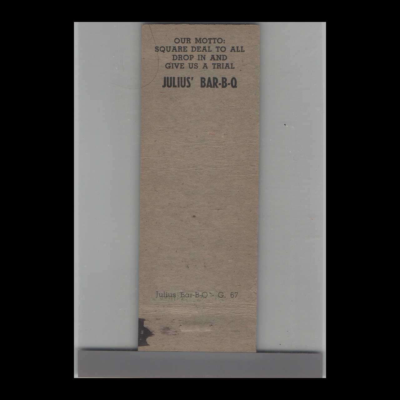 Julius Bar B Q Chicago Matchbook Cover Julius Bar B Q Chicago Matchbook Cover
