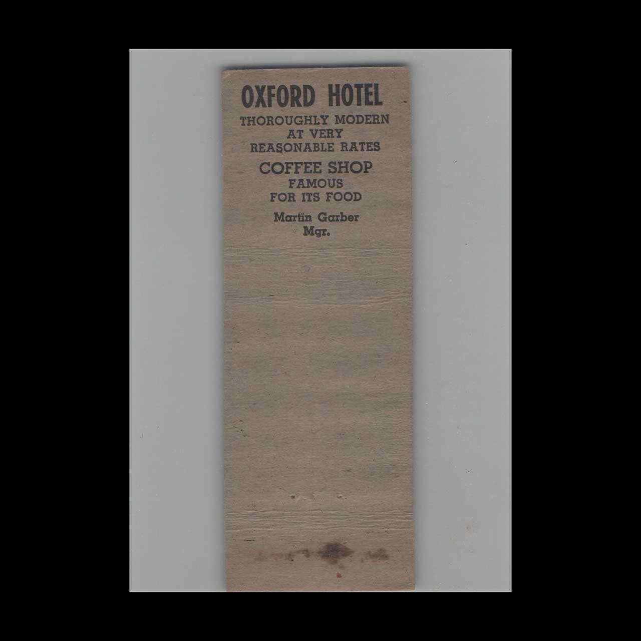 1930s Advance Match Oxford Hotel Enid OK Matchbook Cover 1930s Advance Match Oxford Hotel Enid OK Matchbook Cover