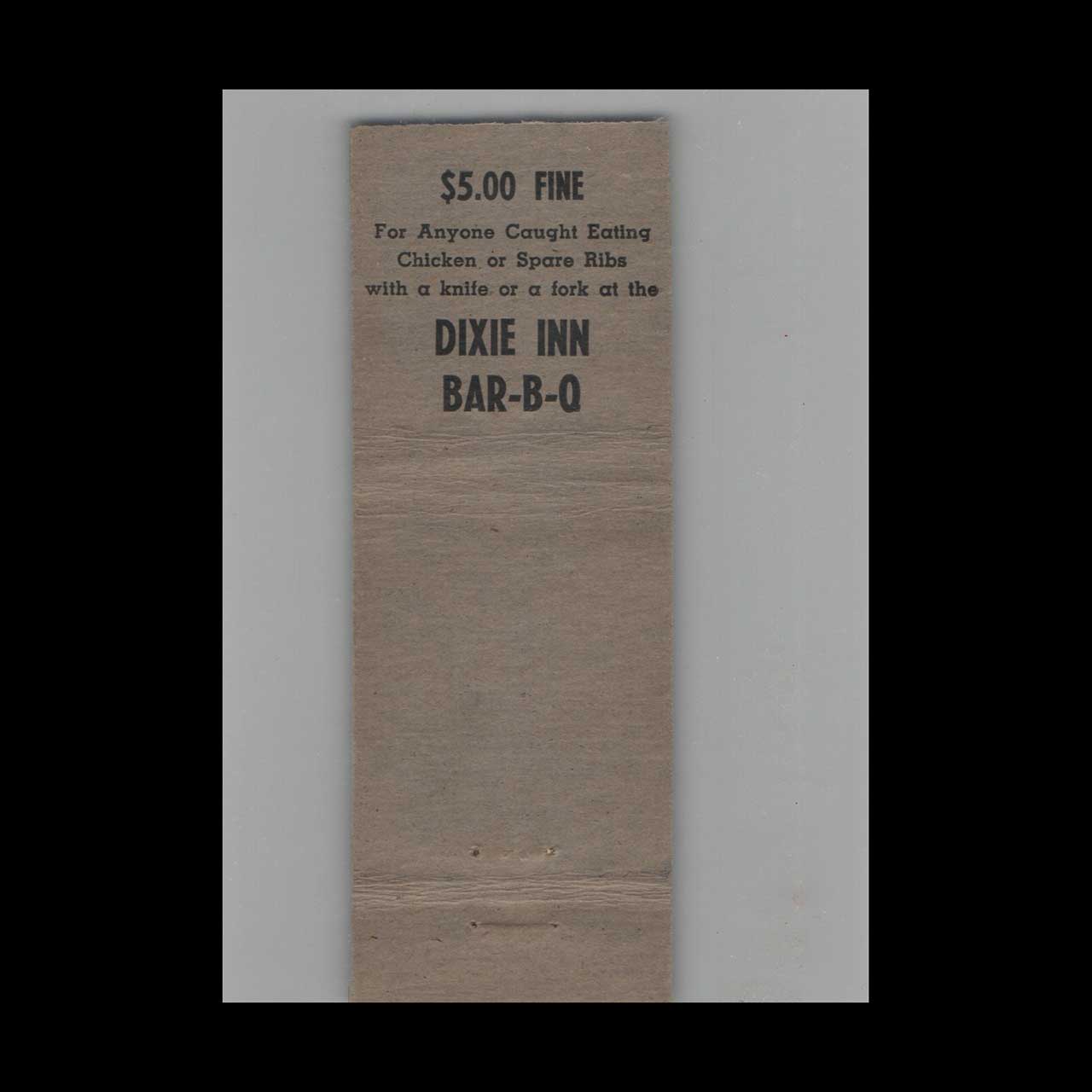 1930s Dixie Inn Bar B Q Matchbook Cover Detroit MI 1930s Dixie Inn Bar B Q Matchbook Cover Detroit MI
