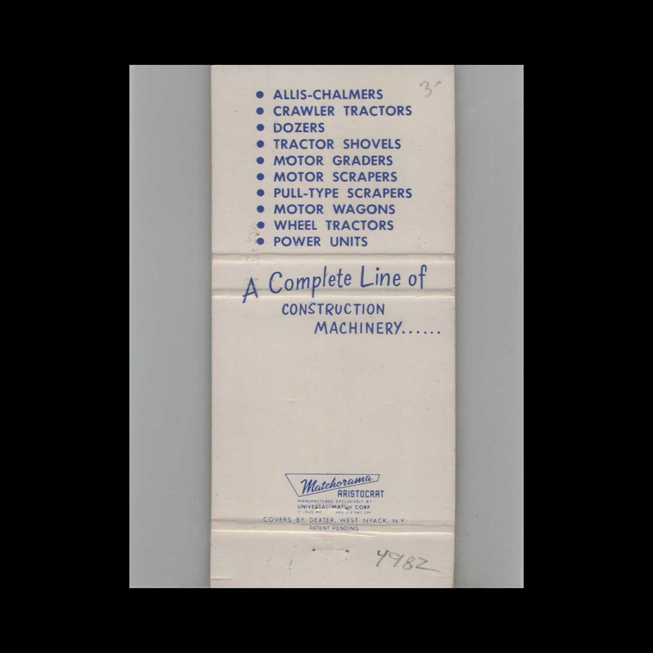 Sioux Road Inc Allis Chalmers Matchbook Cover Sioux Falls SD Sioux Road Inc Allis Chalmers Matchbook Cover Sioux Falls SD